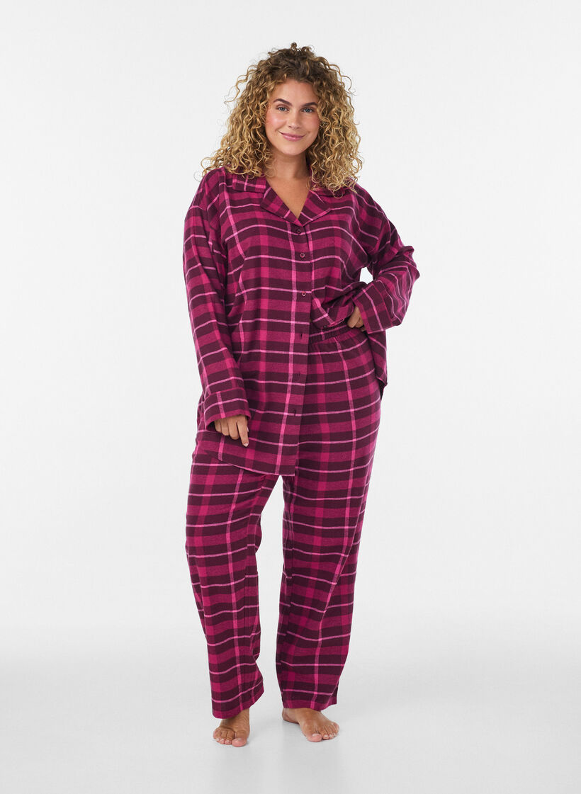 Rutete bomulls pyjamasbukser, R&oslash;d, Model image number 0