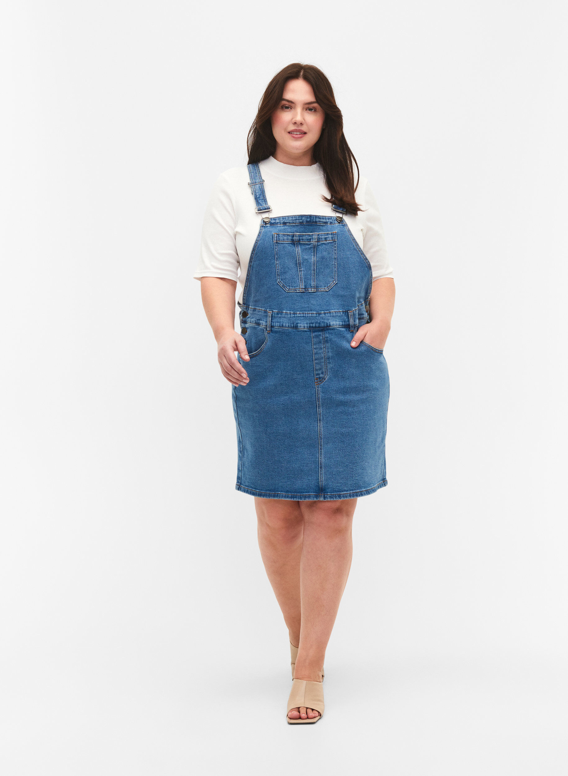 Zizzi Denim Dungarees kjole, Bl&aring;, Model image number 1
