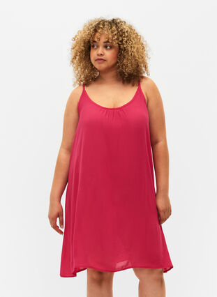 Ensfarget kjole i viskose med stropper, Bright Rose, Model image number 0