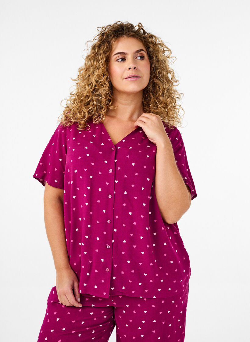 Nattbluse i viskose med hjerteprint, Rød, Model image number 0
