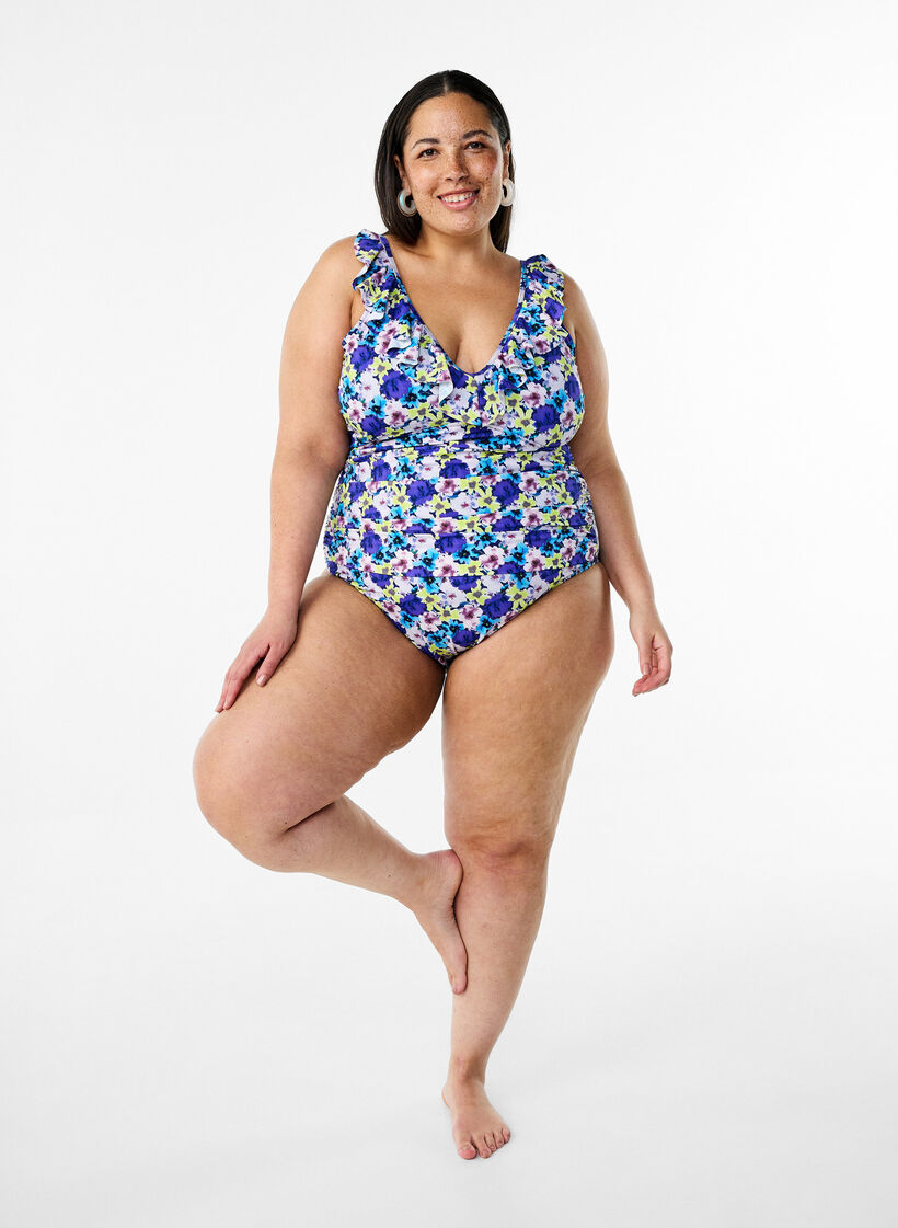 Blomstret badedrakt med volanger og avtagbare innlegg, Lilla, Model image number 1