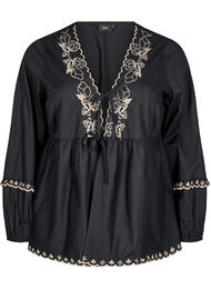 Bluse med åpen front og broderte detaljer, Black/S. Taupe