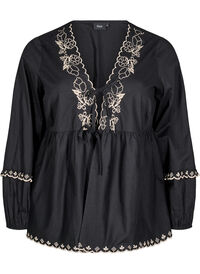 Bluse med åpen front og broderte detaljer, Svart Bluse med åpen front og broderte detaljer