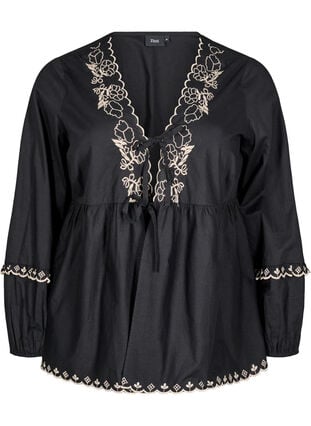 Zizzi Bluse med åpen front og broderte detaljer, Svart, Packshot image number 0