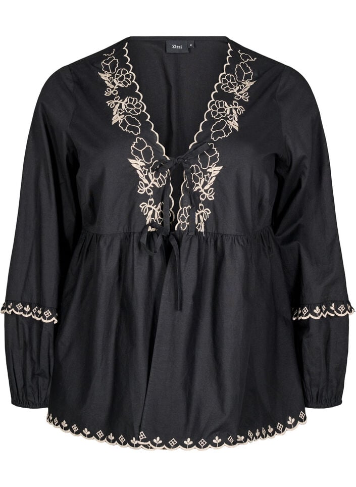 Bluse med åpen front og broderte detaljer, Svart, Packshot image number 0