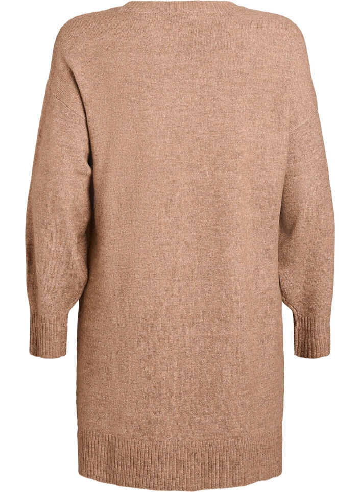 Kort strikket kjole med V-formet teksturert m&oslash;nster, Brun, Packshot image number 1