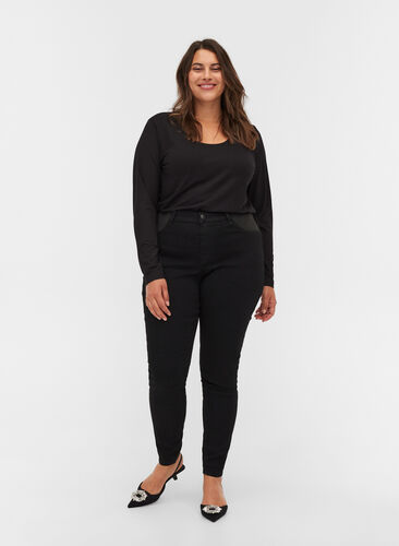 Super slim Amy jeans med strikk i livet, Black, Model image number 0