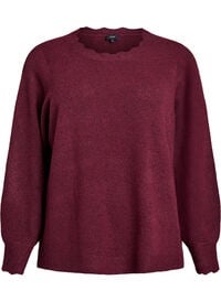 Strikkebluse med bølgete kanter, Mørk Bordeaux Strikkebluse med bølgete kanter