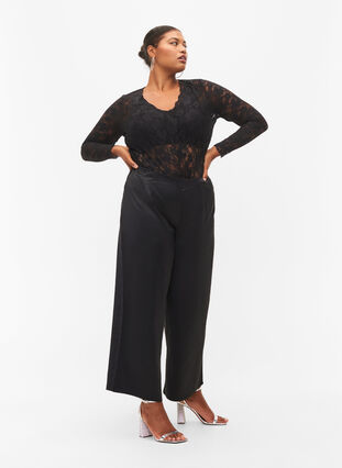 Zizzi Bodystocking i blonder med lange ermer, Black, Model image number 3