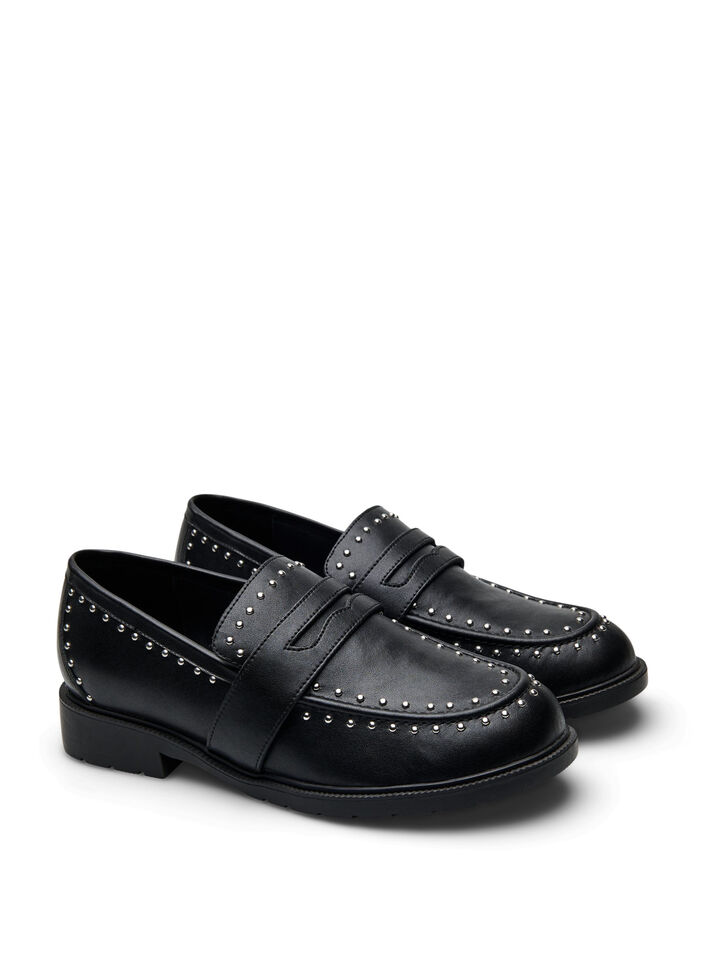 Wide fit - Lærloafers med nagler, Black, Packshot
