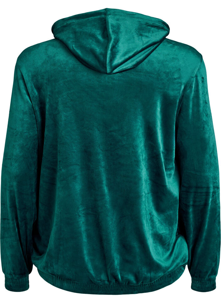 Velour cardigan med glidelås og hette, Grønn, Packshot image number 1