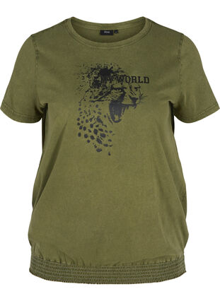 Kortermet T-skjorte med acid wash og smock, Ivy Green acid wash, Packshot image number 0