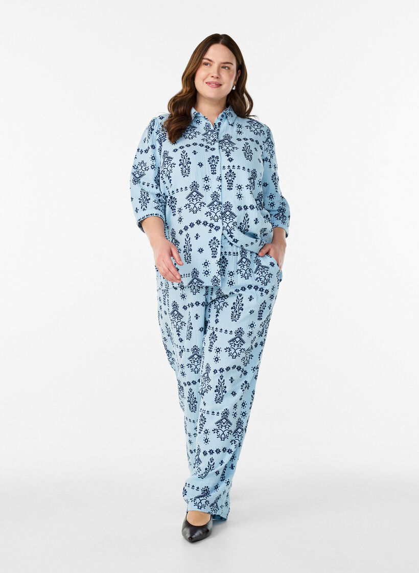 Skjortebluse med 3/4 ermer, Bl&aring;, Model image number 1