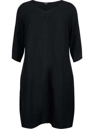 Ribbestrikket kjole med 3/4-ermer, Black, Packshot image number 0