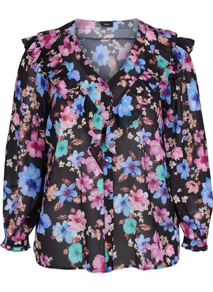 Blomstrete bluse med volanger, Bright Fall Print, Packshot image number 0