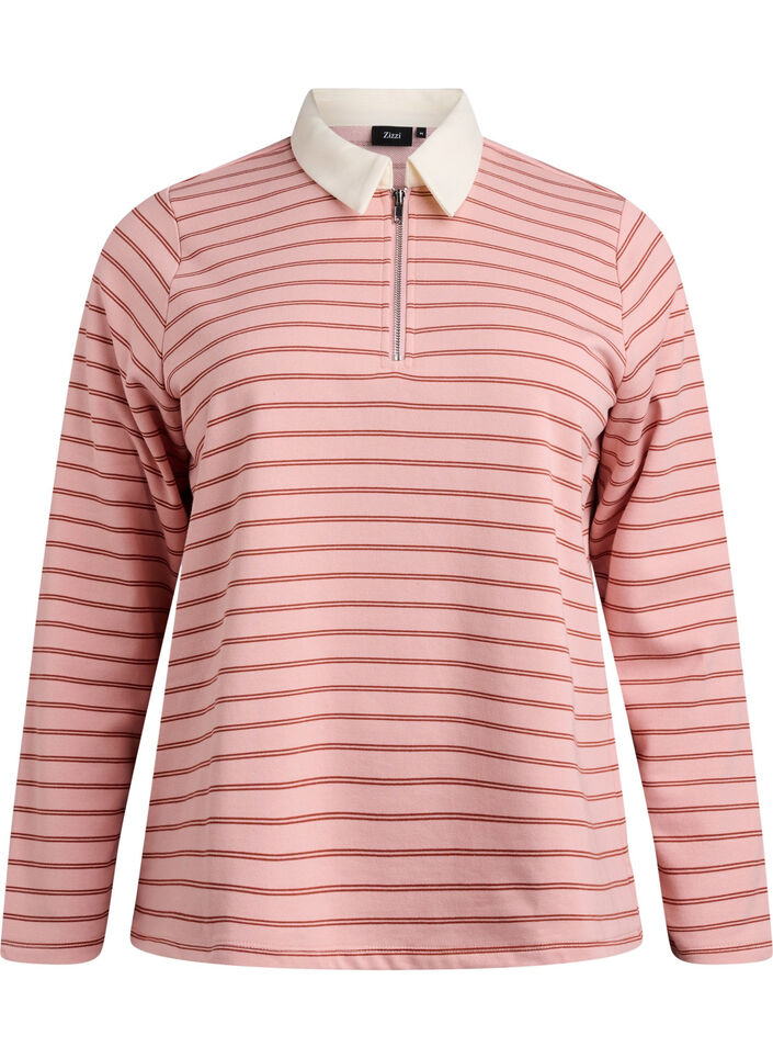 Stripete poloskjorte med glidelås, Rosa, Packshot image number 0