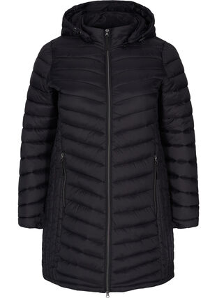 Lett jakke med quiltet mønster, avtagbar hette og lommer, Black, Packshot image number 0