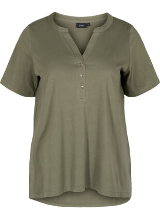 T-skjorte i bomull med V-hals og knapper, Thyme, Packshot image number 0