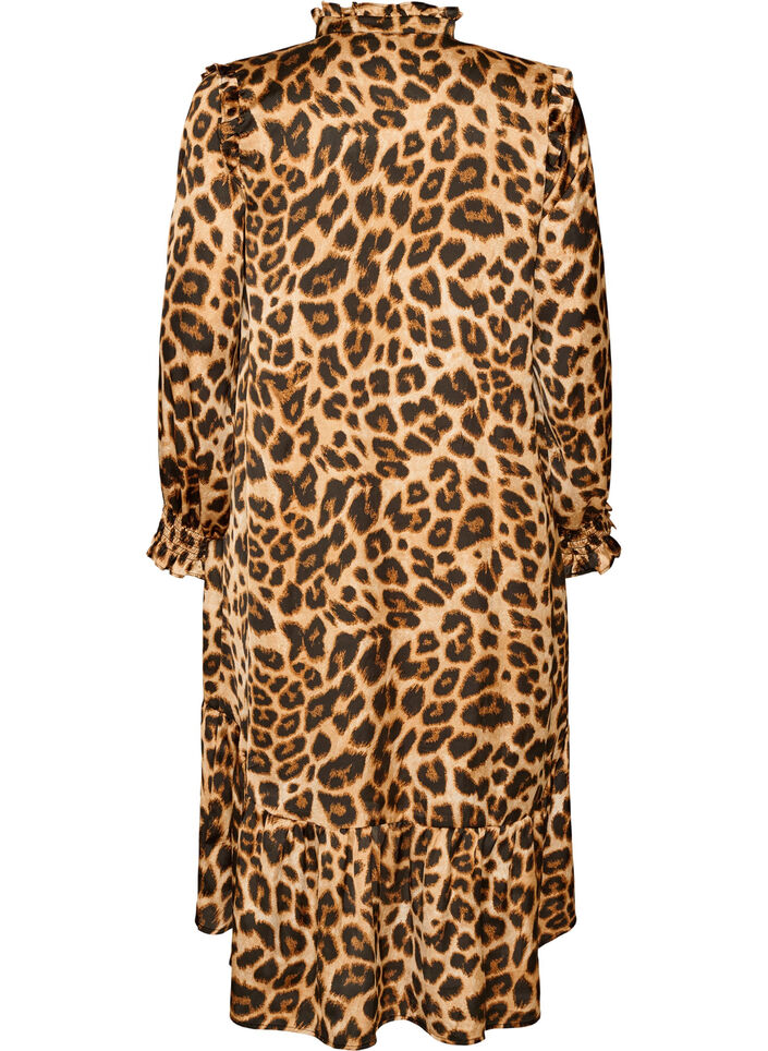 Kjole med leopardtrykk og volangdetaljer, Brun, Packshot image number 1
