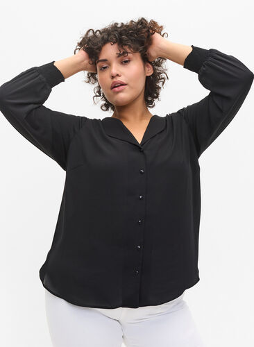Skjorte med V-hals og smock, Black, Model image number 2