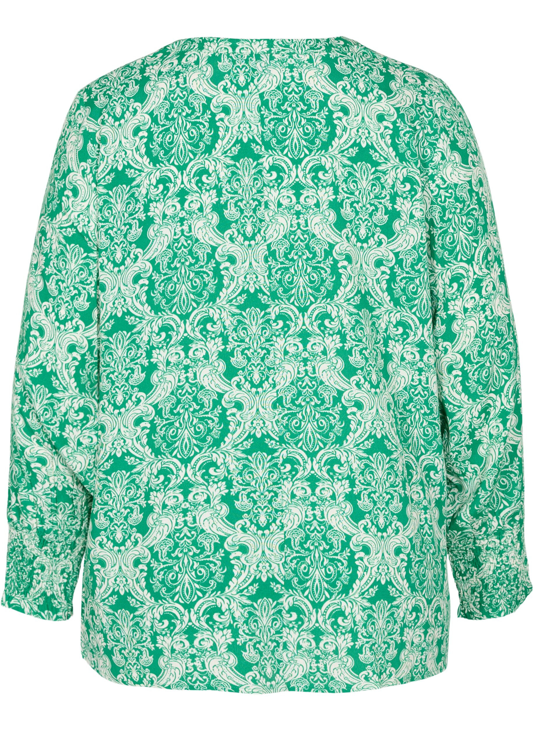 Zizzi M&oslash;nstrete bluse i viskose med smock, Jolly Green Oriental, Packshot image number 1