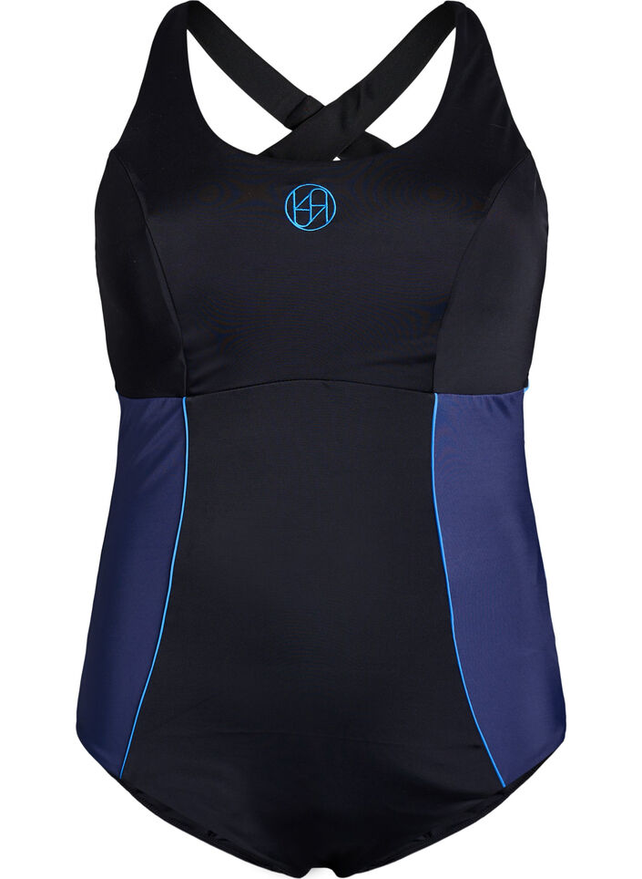 Sportsbadedrakt med kryssede stropper, Svart, Packshot image number 0