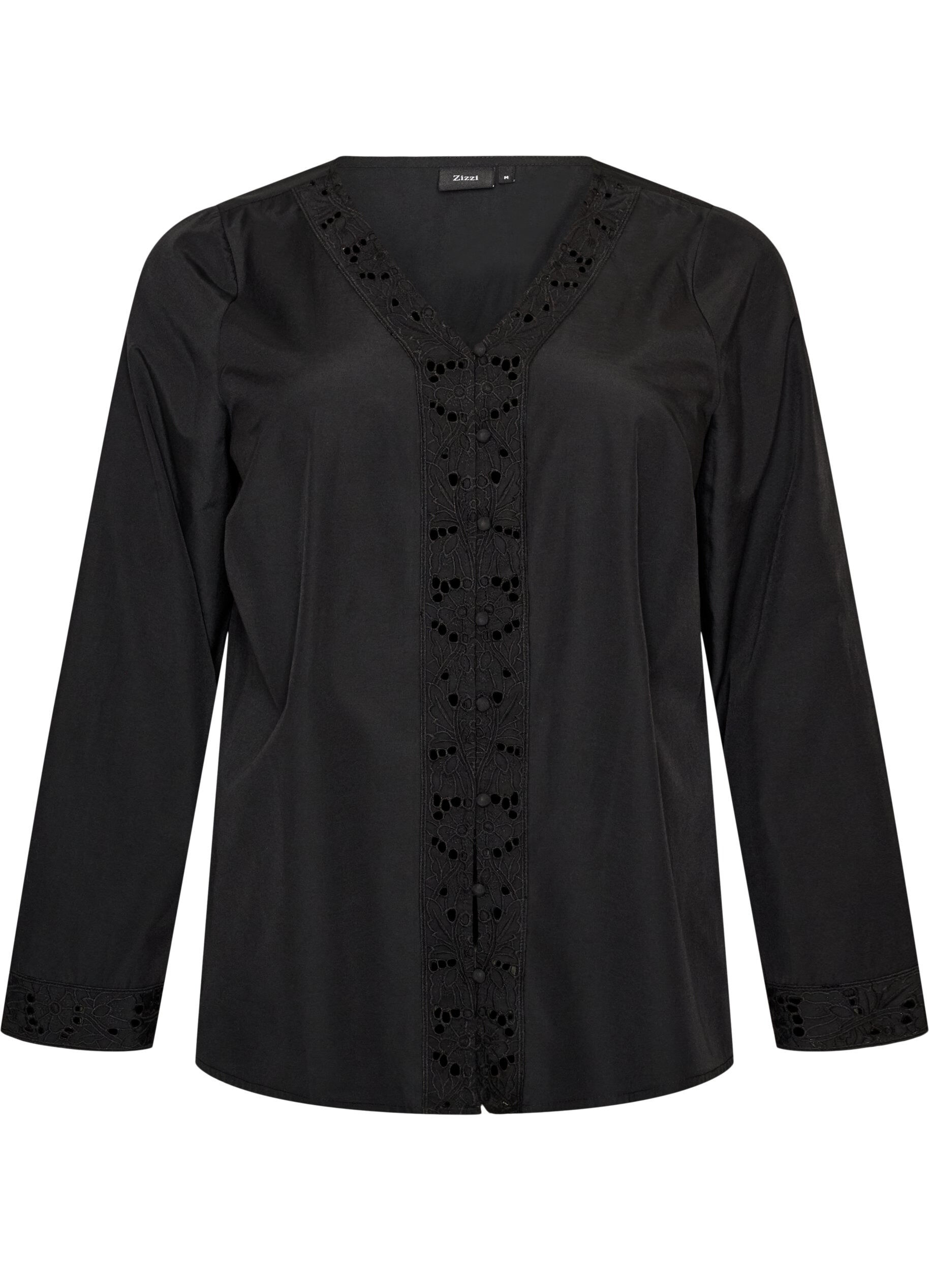 ZizziSkjortebluse med broderie anglaise, Svart, Packshot image number 0