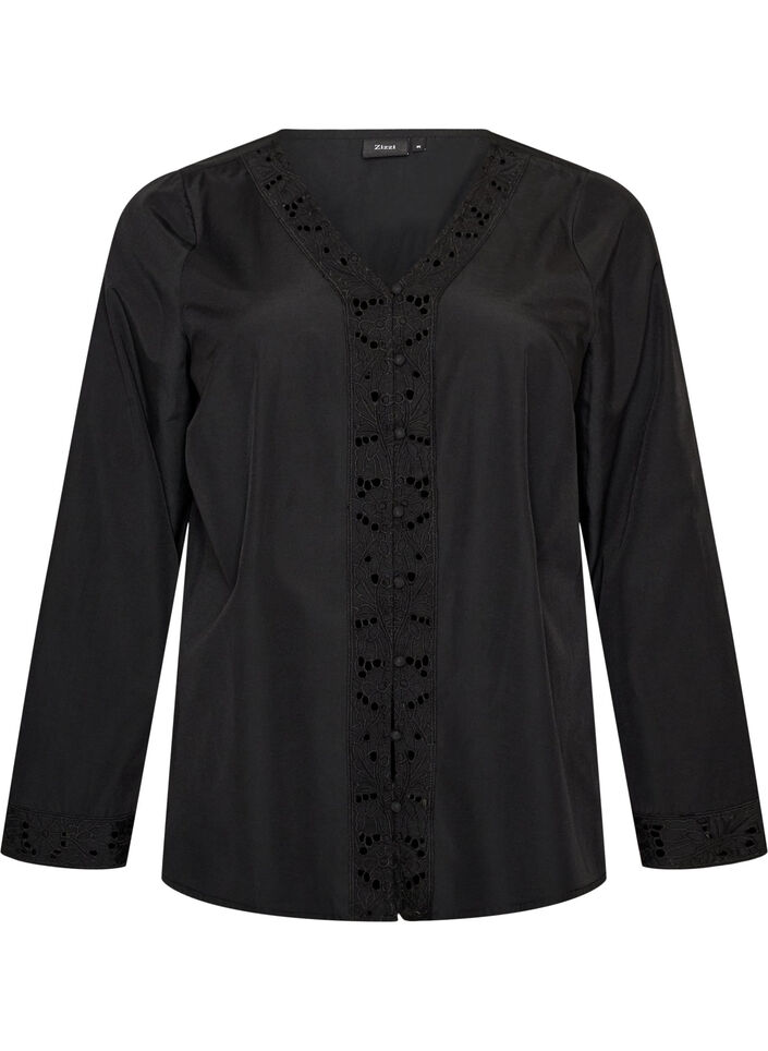 Skjortebluse med broderie anglaise, Svart, Packshot image number 0