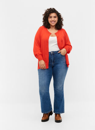 Ribbet cardigan med knappelukking, Poppy Red, Model image number 2