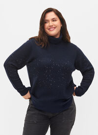 Strikkegenser med polokrage og paljetter, Navy Blazer, Model