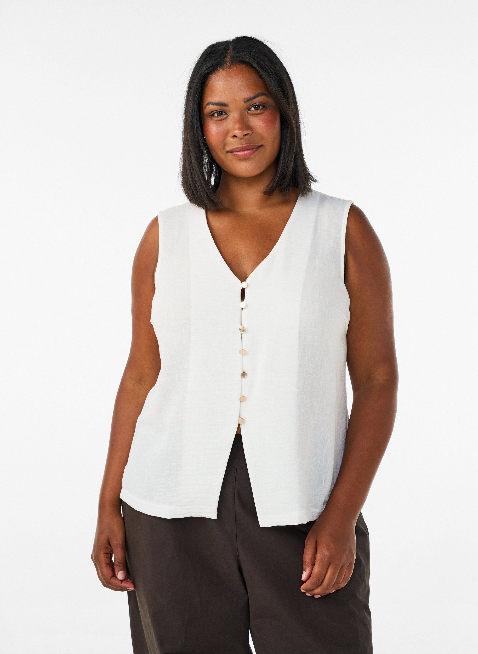 Ermel&oslash;s vest med V-hals og knapper, Vanilje, Model
