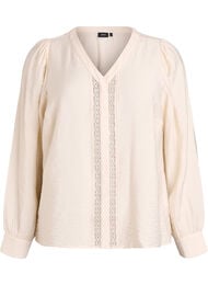 Bluse med V-hals og broderte bånd, Beige
