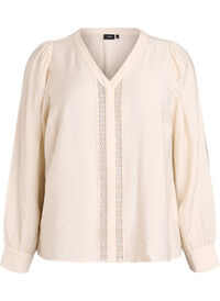 Bluse med V-hals og broderte bånd, Beige Bluse med V-hals og broderte bånd