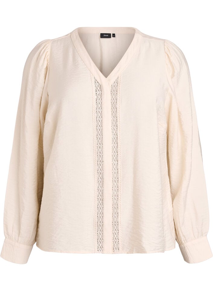 Bluse med V-hals og broderte bånd, Beige, Packshot image number 0