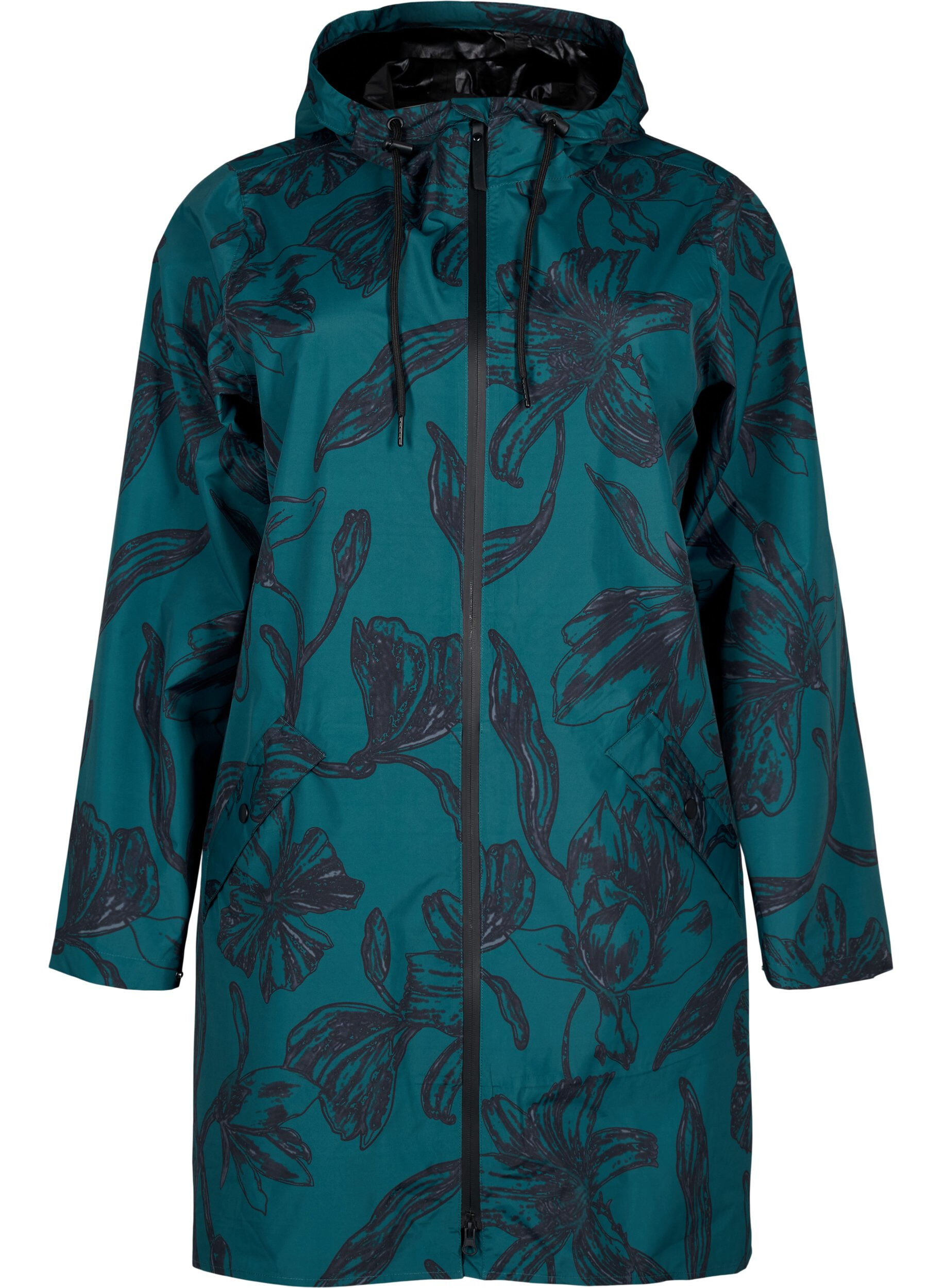Zizzi Regnjakke med print, Deep Teal Black, Packshot image number 0