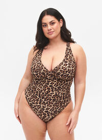 Badedrakt med kryss på ryggen og uttagbare innlegg, Leopard Print, Model