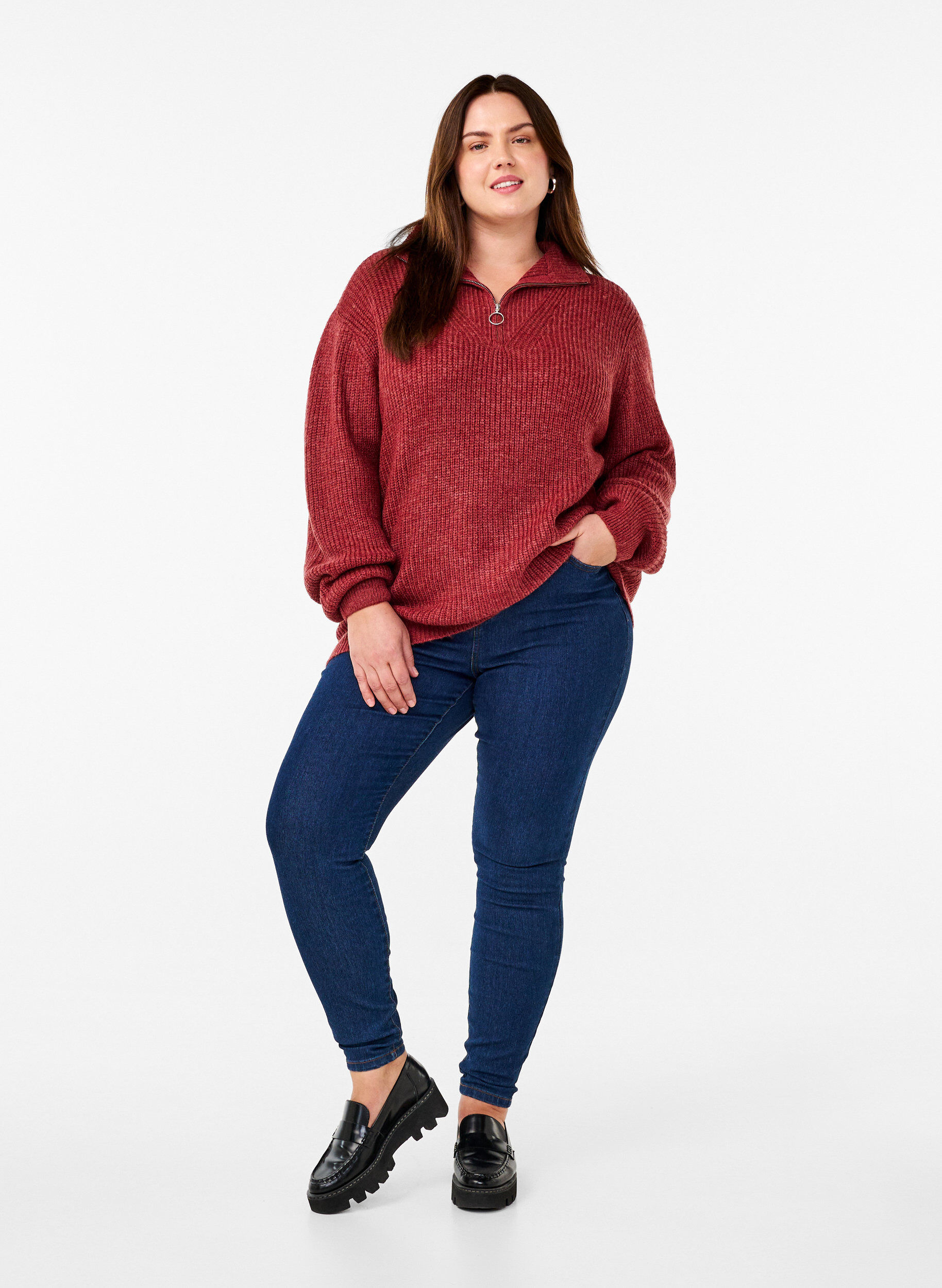ZizziStrikket genser med h&oslash;y hals og glidel&aring;s, R&oslash;d, Model image number 1