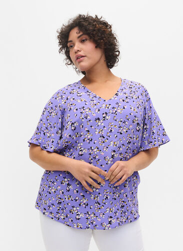 Blomstrete viskosebluse med snøredetalj, Lilac Flower Print, Model image number 0