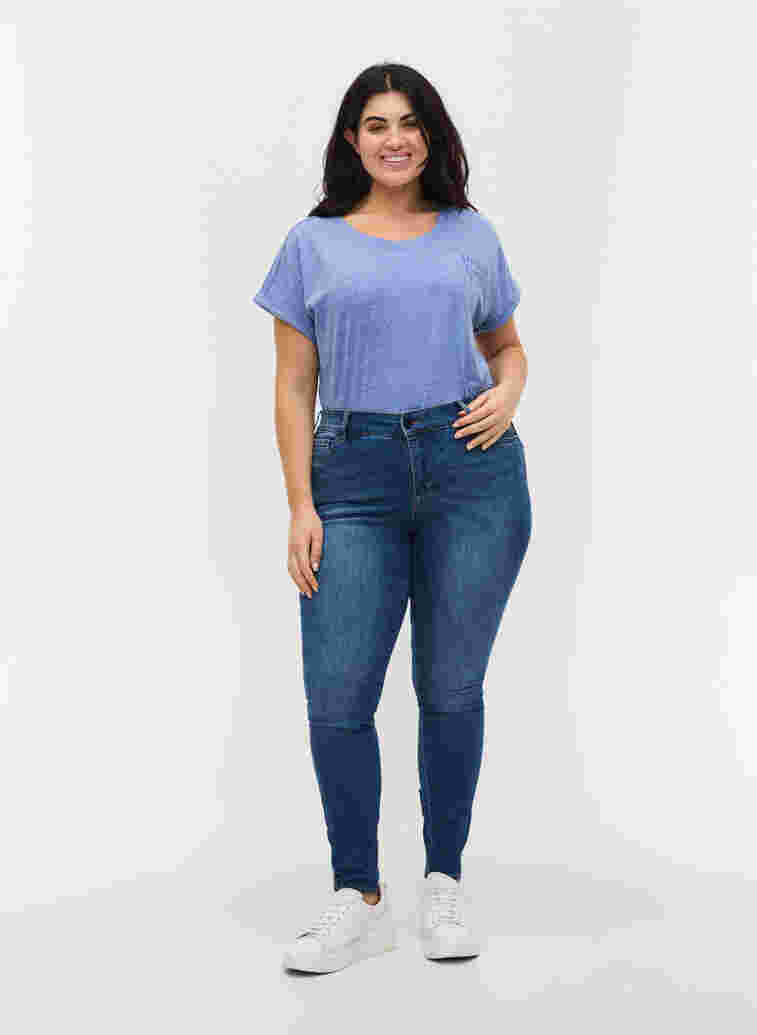 Super slim Amy jeans med sløyfe og glidelås, Dark blue, Model image number 4