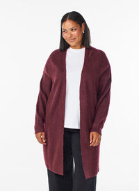 FLASH - Lang ribbestrikket cardigan med åpen front, Rød FLASH - Lang ribbestrikket cardigan med åpen front, Rød, Model