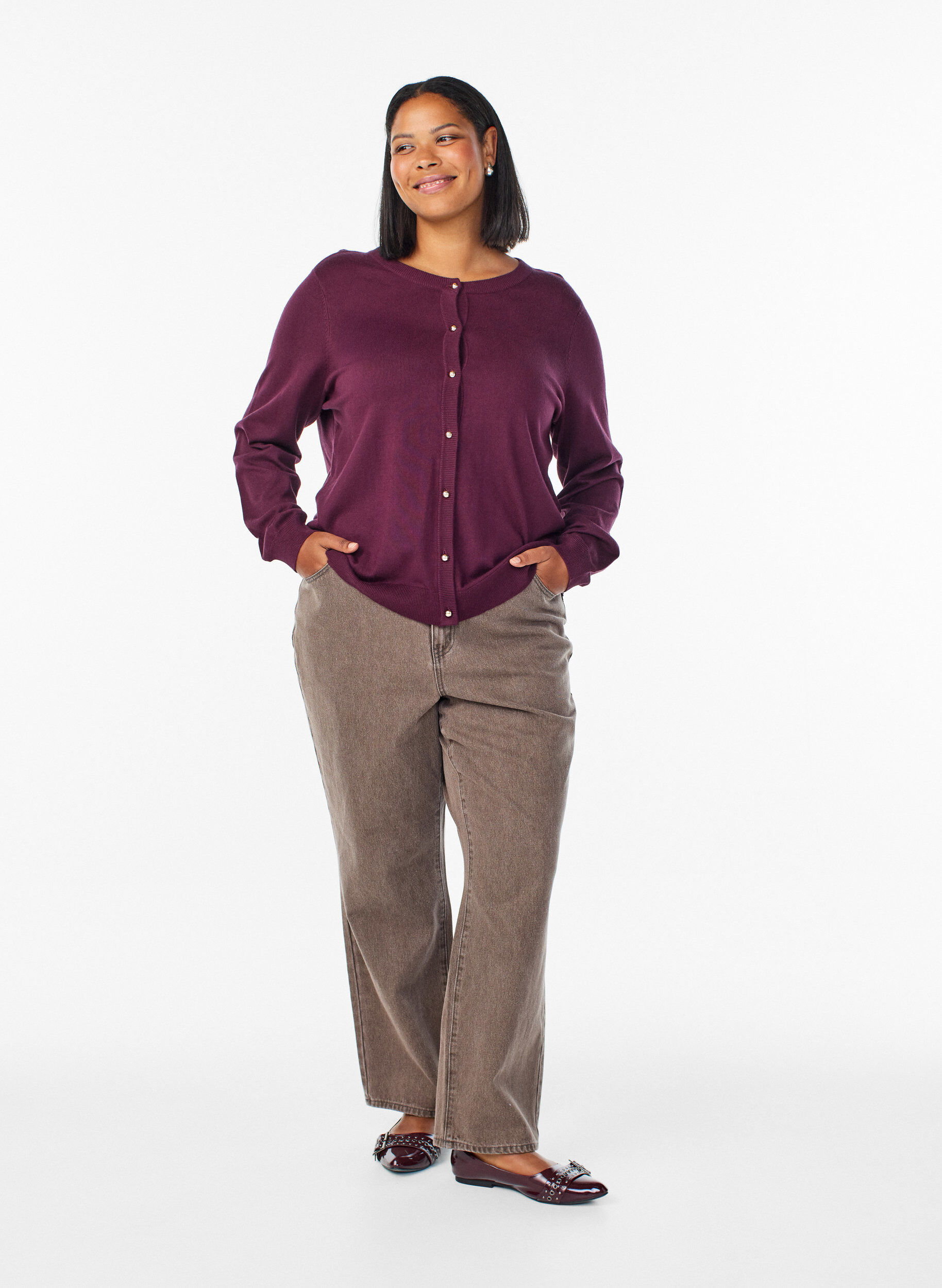 Zizzi Finstrikket cardigan med kuleknapper, R&oslash;d, Model image number 1