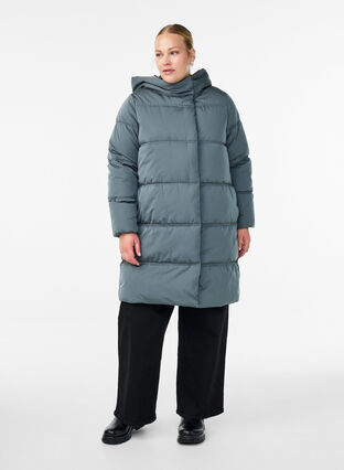 Zizzi Lang pufferjakke med hette, Blå, Model image number 1