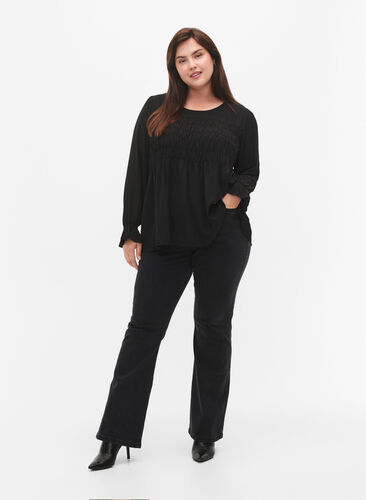 Langermet smockbluse, Black, Model image number 2