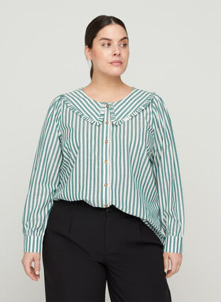 Stripete skjorte i bomull, Green Stripe , Model image number 0