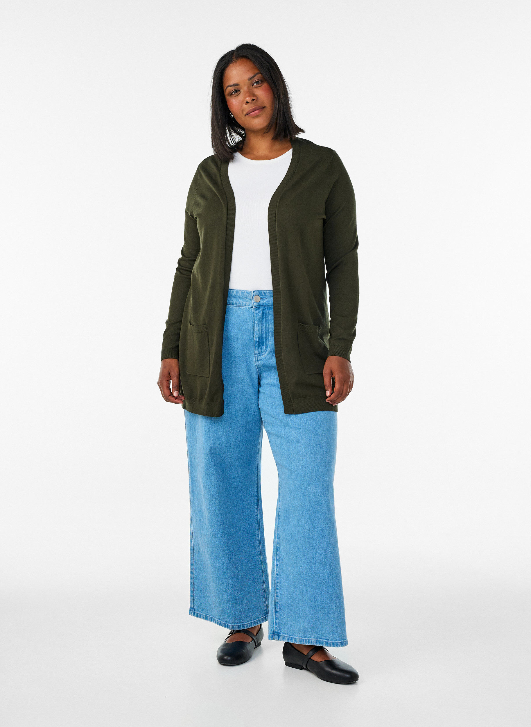 ZizziLang strikkecardigan i viskoseblanding, Gr&oslash;nn, Model image number 1