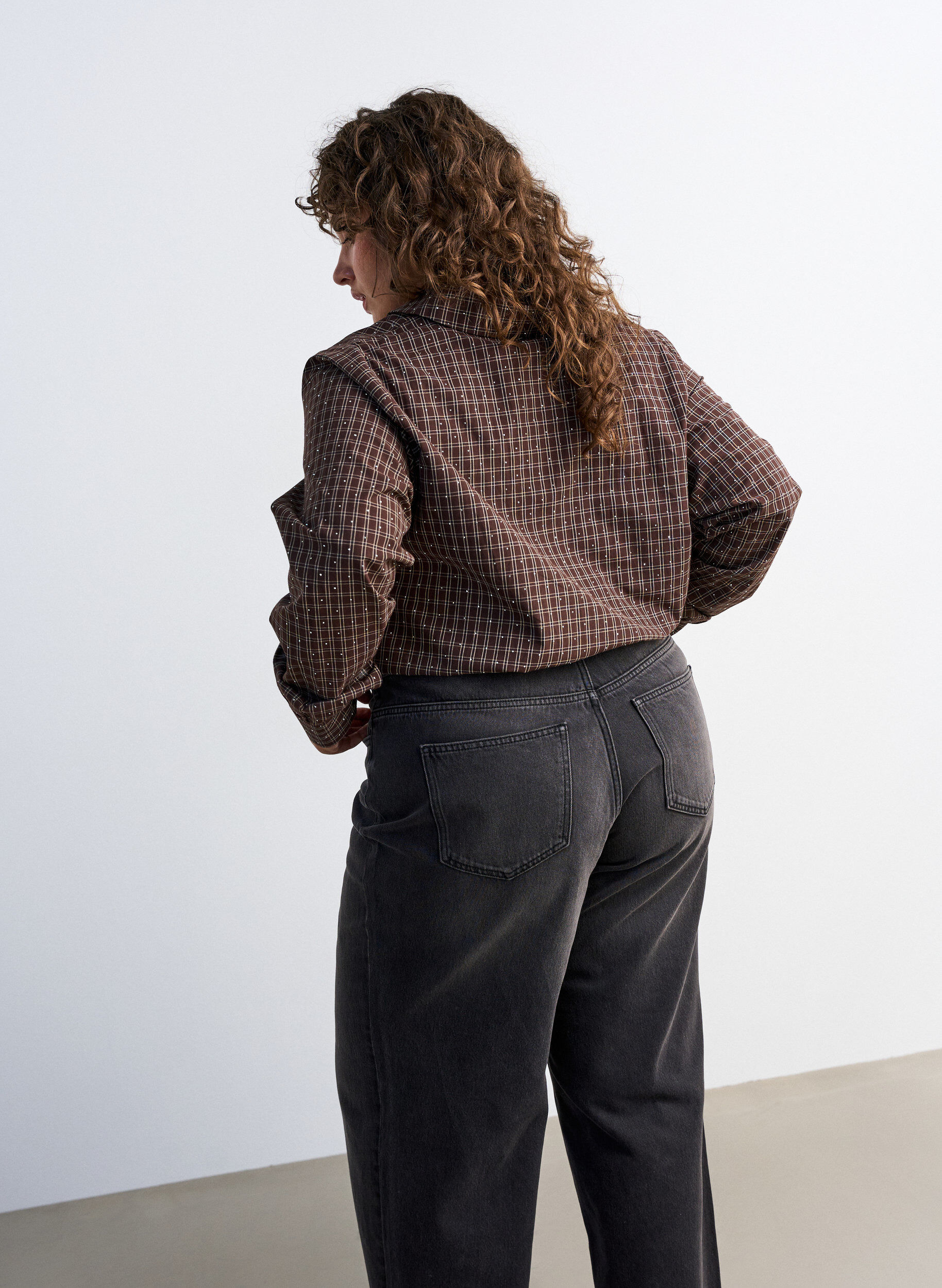 ZizziRutete skjorte med rhinesteiner, Brun, Model image number 2