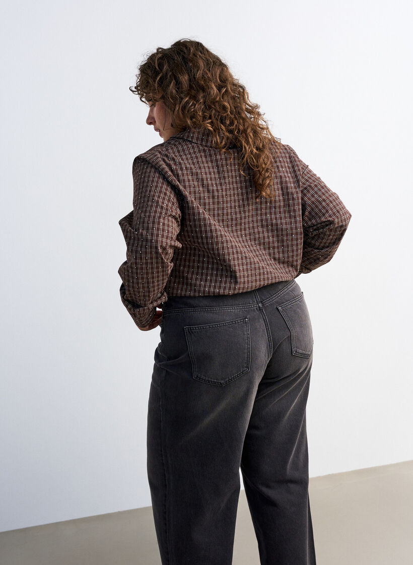 Rutete skjorte med rhinesteiner, Brun, Model image number 2