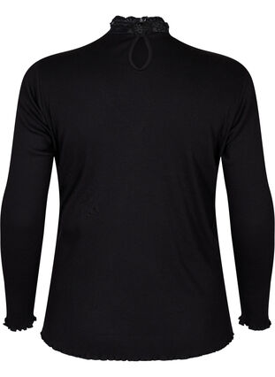 Høyhalset bluse med blonder, Black, Packshot image number 1