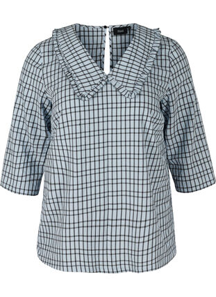 Rutete bluse med 3/4-ermer og volangkant, Light Blue Check , Packshot image number 0