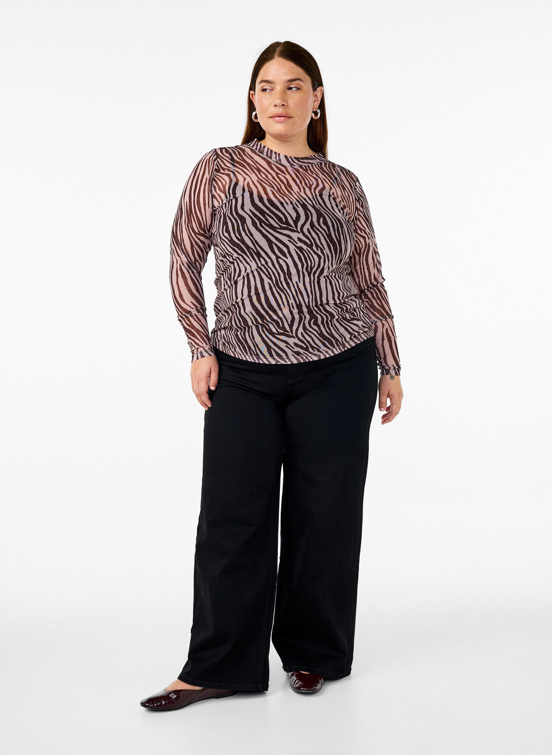 Zizzi Bluse med mesh og prikker, Svart, Model image number 1